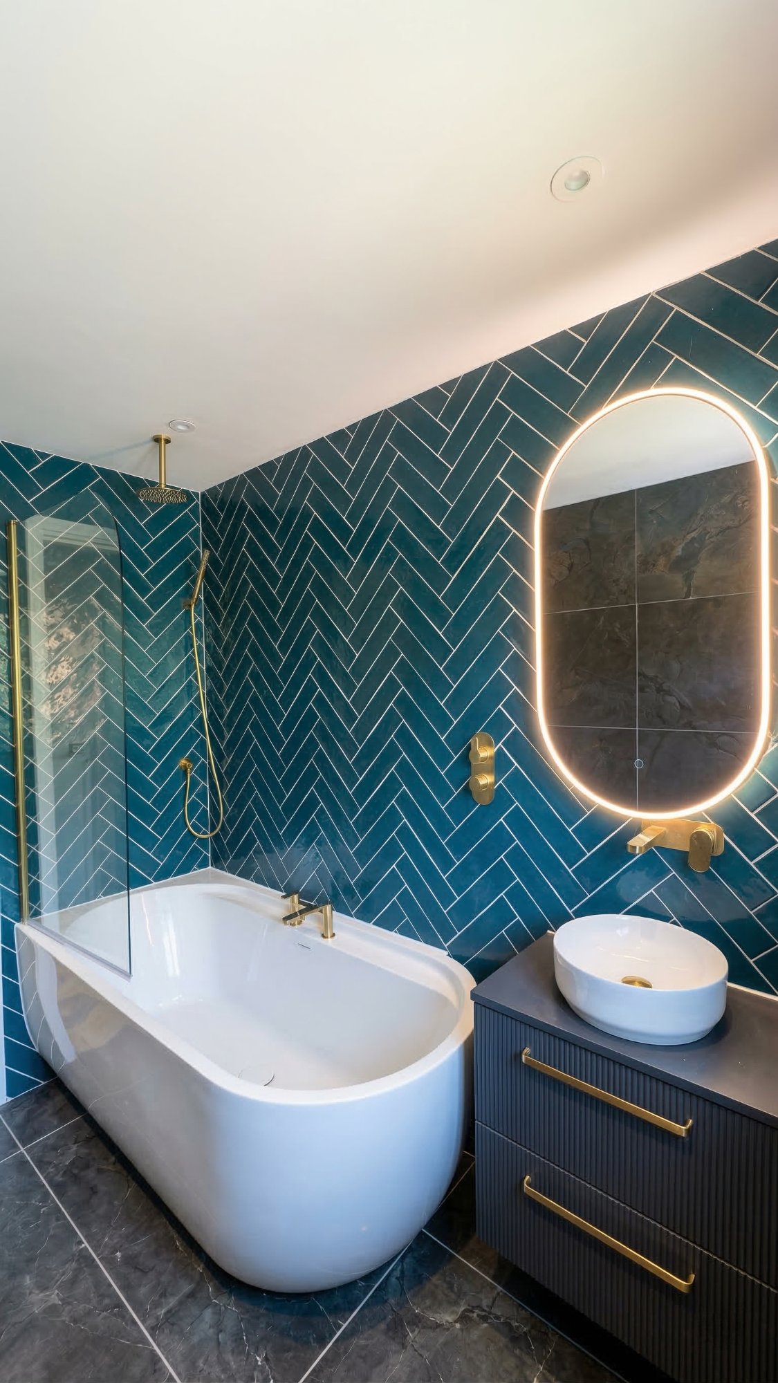 Teal herringbone bathroom fitted by Danvers Northwest in Blackpool